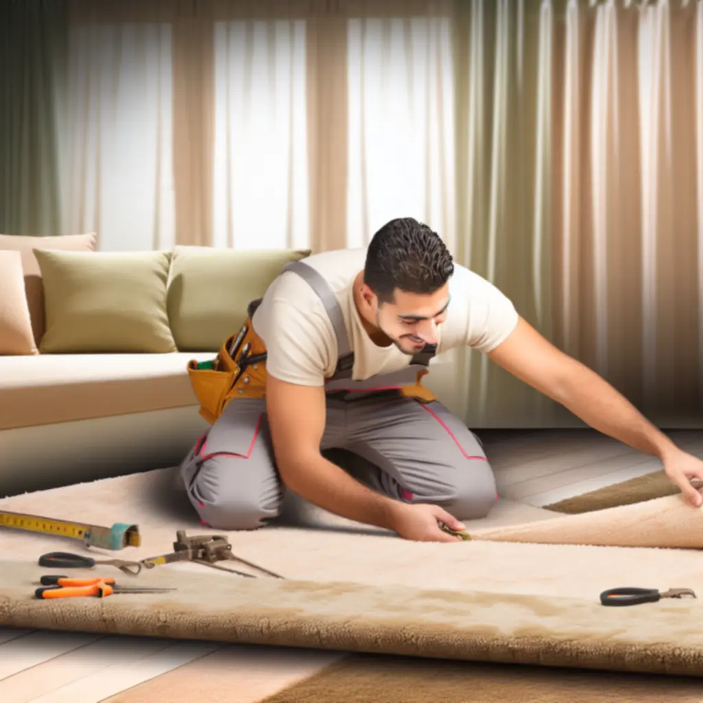 Professional fitter stretching and installing a new carpet