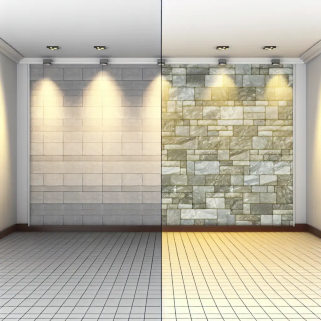 Before and after comparison of a room transformed with decorative wall cladding.
