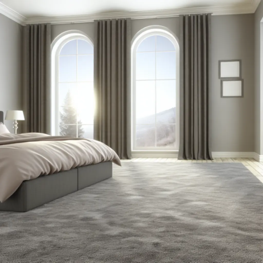 Contemporary bedroom with a grey carpet, layered textiles and warm wood accents for a calm, tactile feel.