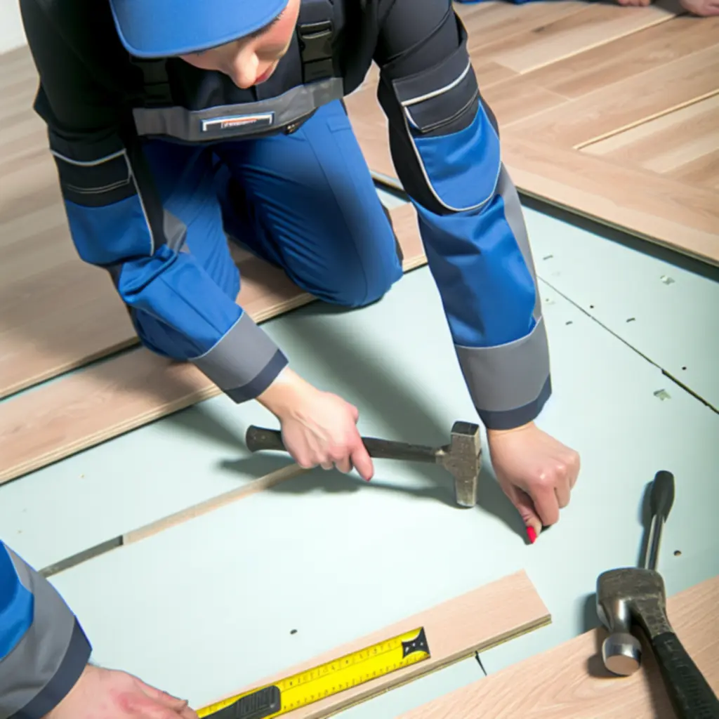 Professional flooring fitters carefully installing laminate planks