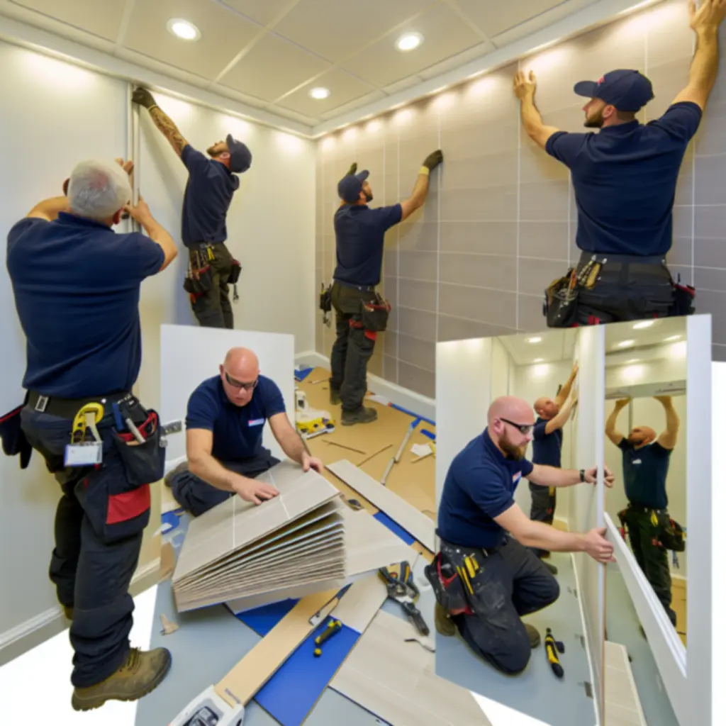 Professional installation team fitting decorative wall cladding panels with precision.