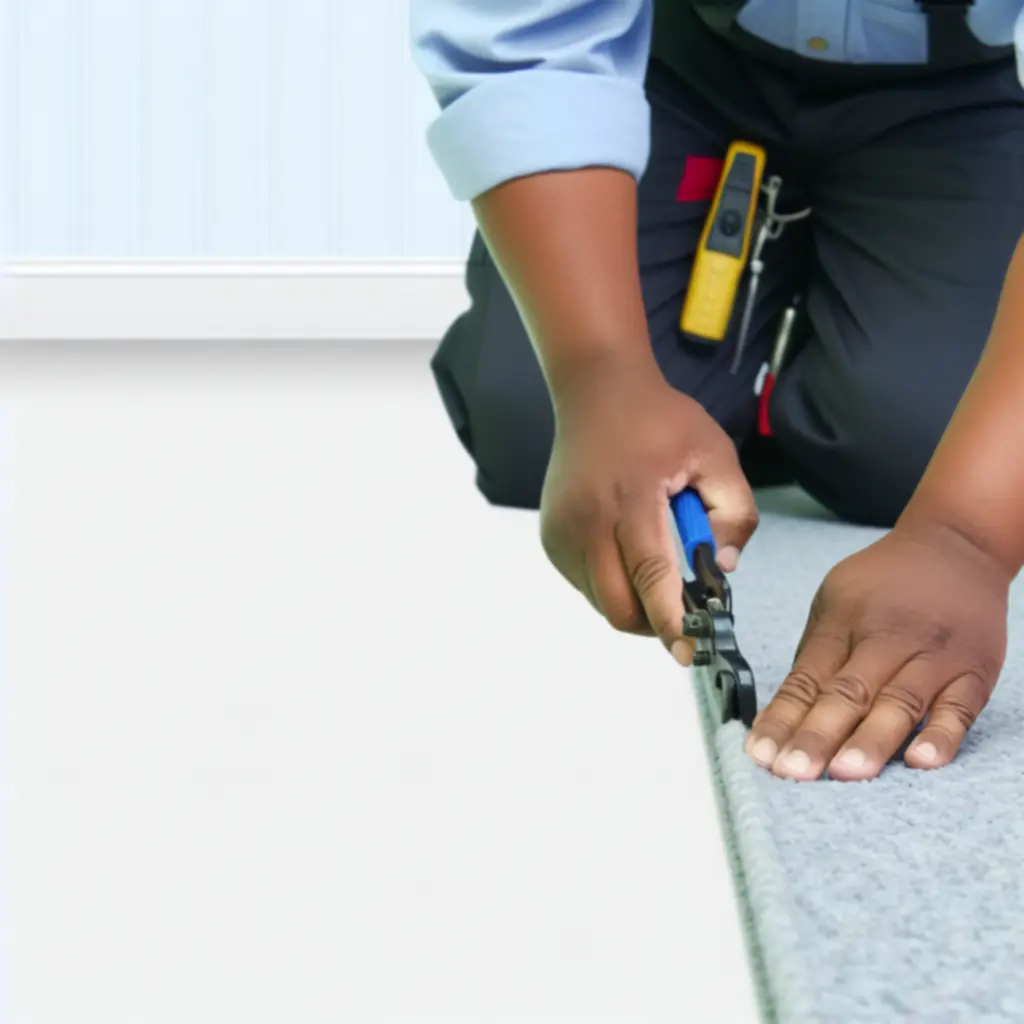 Professional carpet installer carefully fitting carpet along a skirting board for a precise finish.