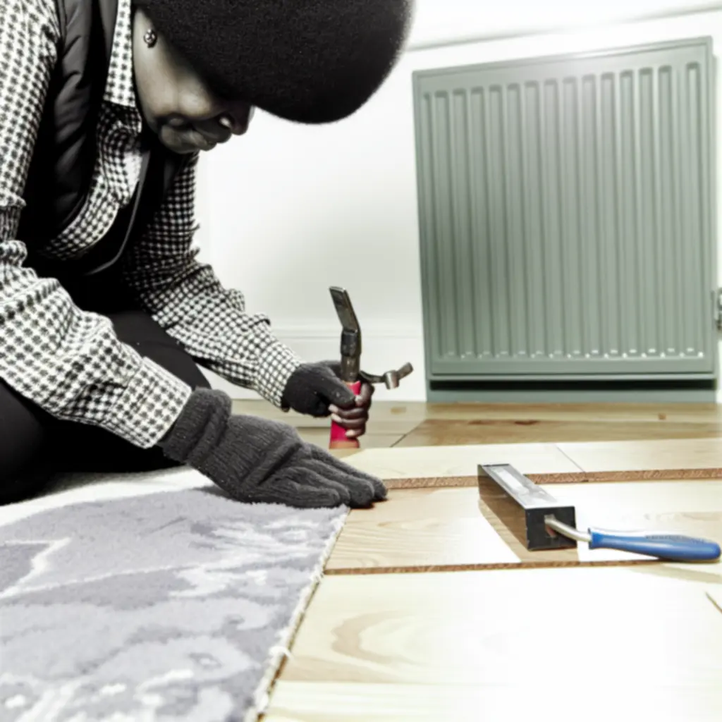 Professional hardwood flooring installer carefully fitting boards