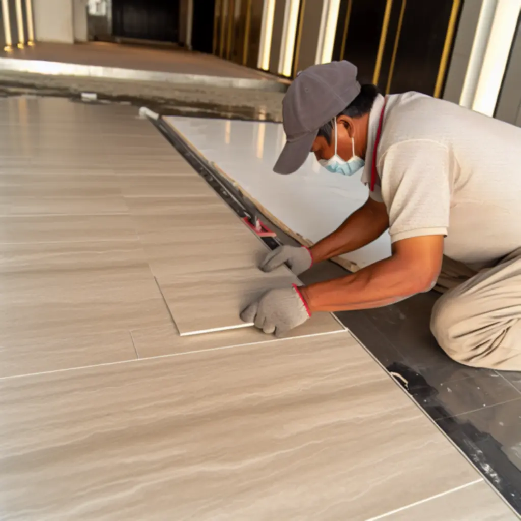 A REET FLOORING LTD installer carefully placing tiles, aligning joints for a precise finish.