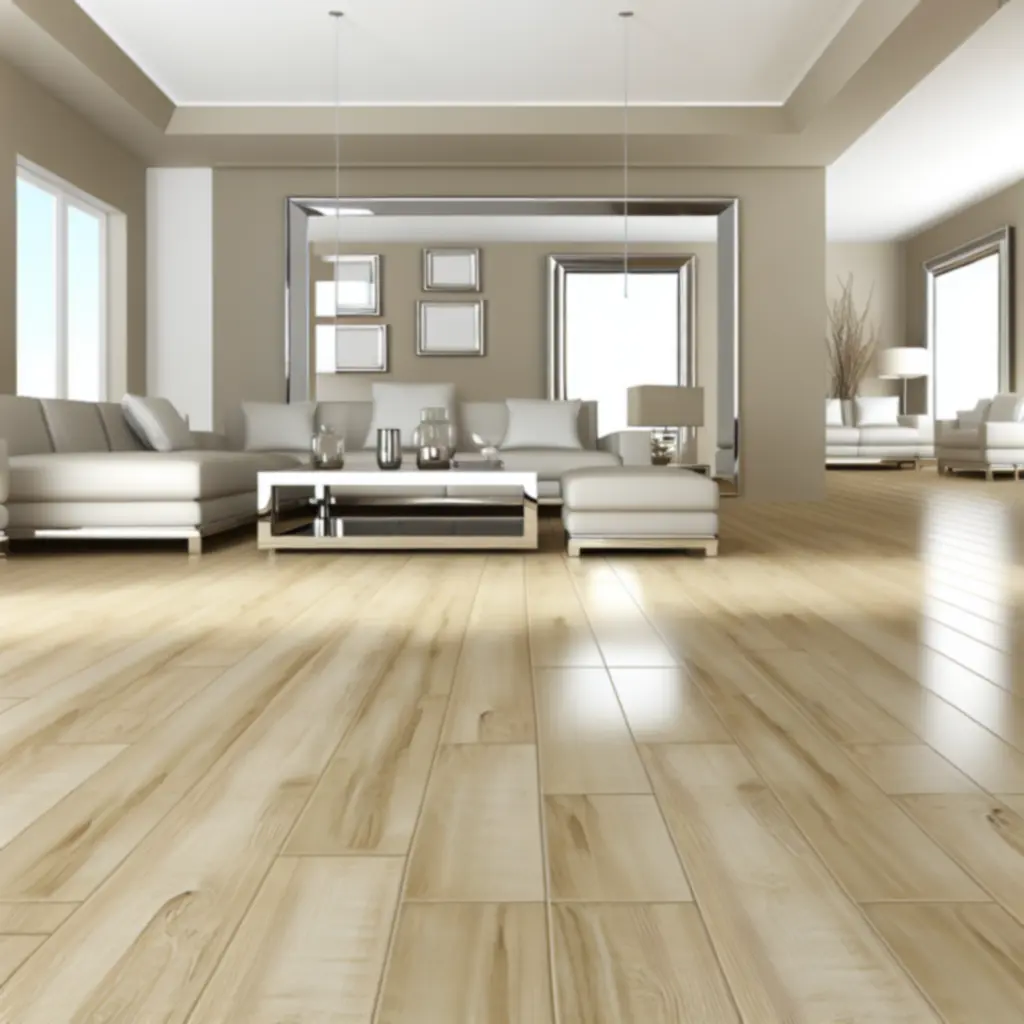 Modern UK living room featuring warm-toned laminate flooring and soft neutral furnishings