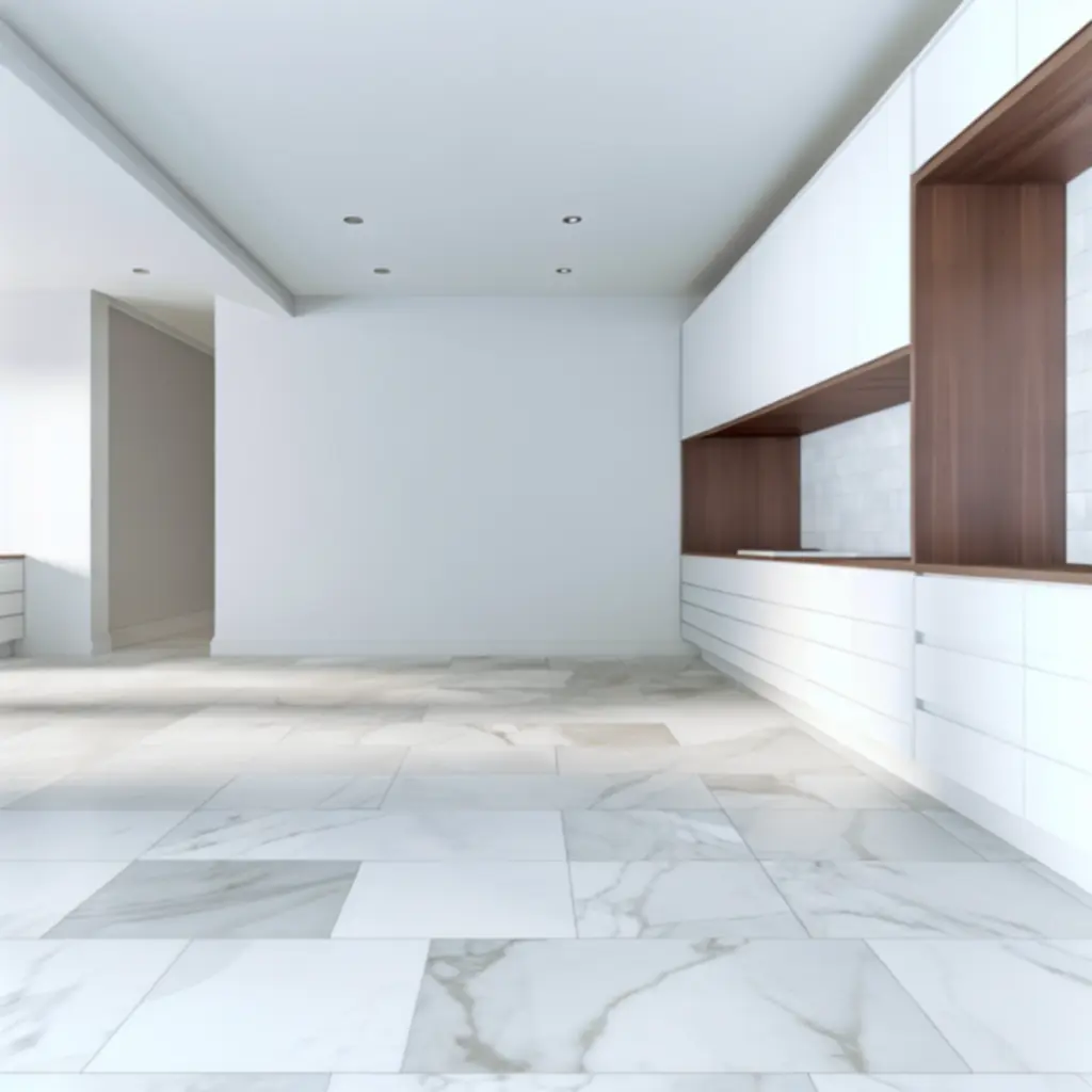 Modern kitchen floor finished with large calacatta-effect porcelain tiles