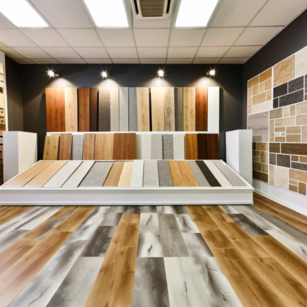 Mosaic of different flooring and wall textures including wood, stone and tiles.