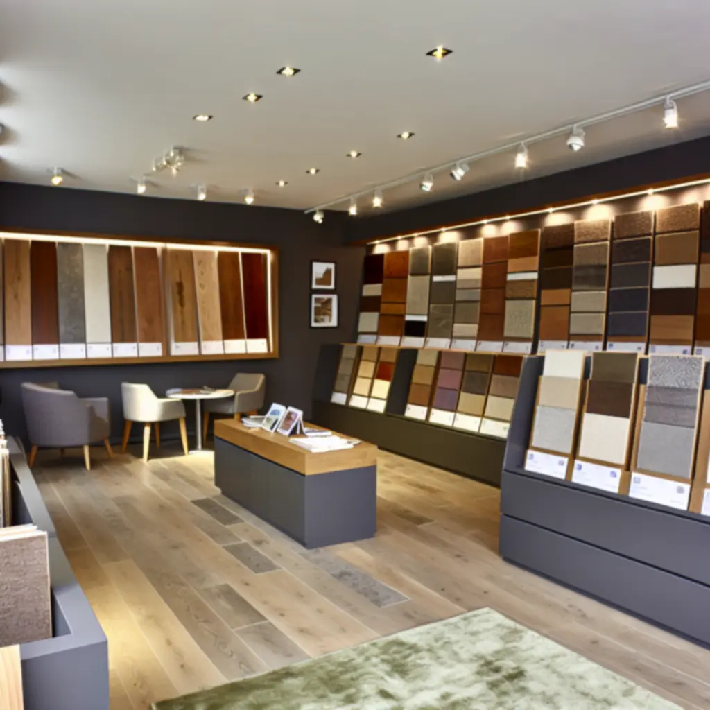 REET FLOORING LTD showroom display featuring a curated selection of flooring and wall covering samples.