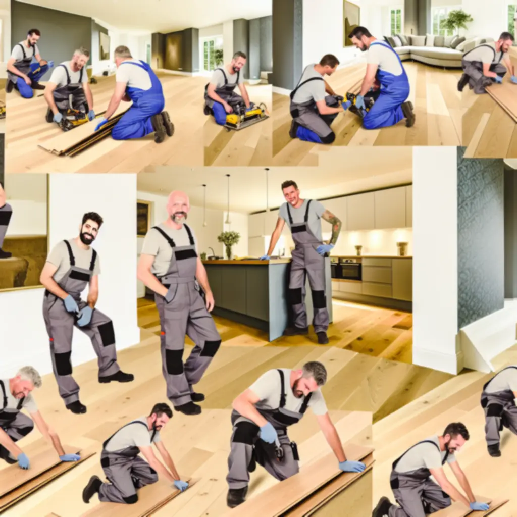 REET FLOORING LTD fitters carefully installing wooden floorboards in a residential room.