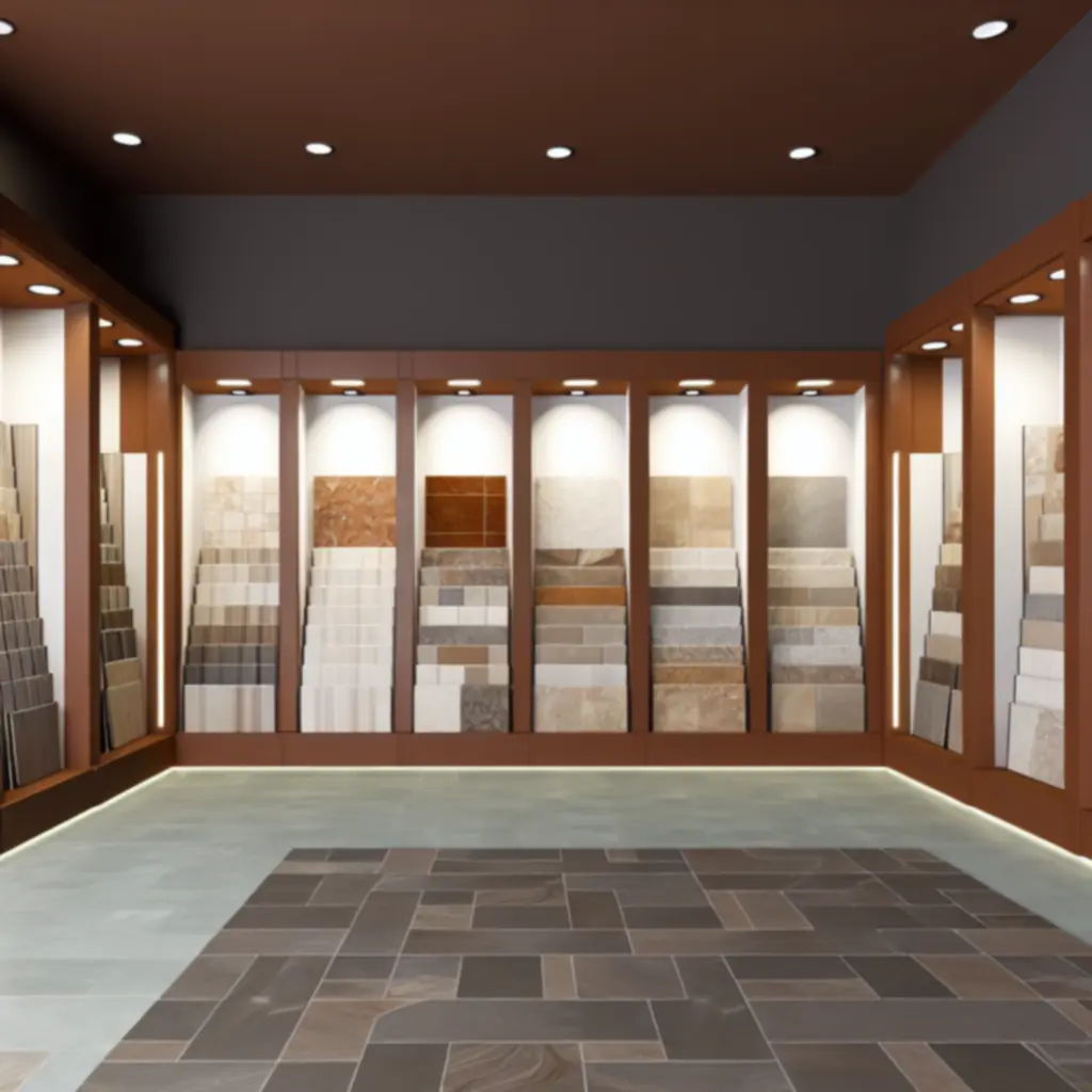Display of ceramic, porcelain and stone tiles in a showroom