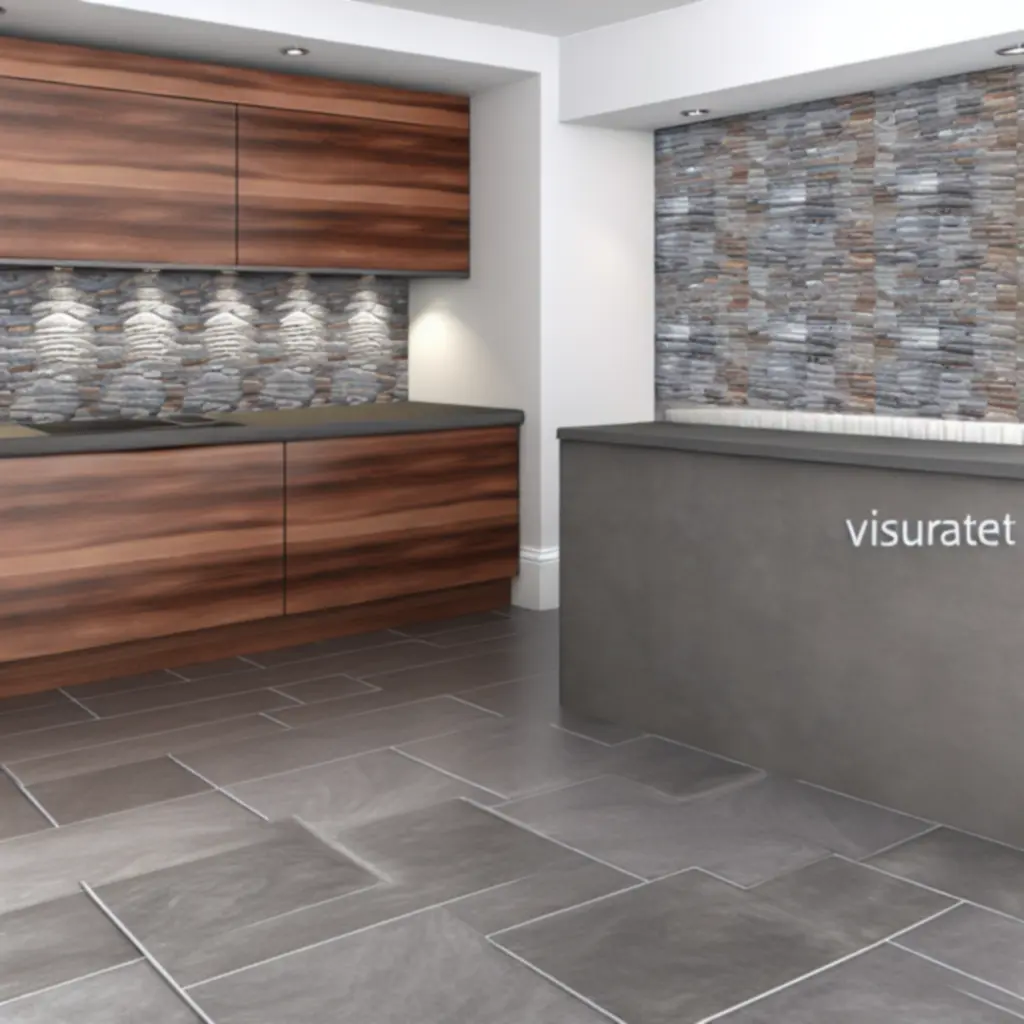 Modern kitchen with decorative wall cladding and complementary flooring.