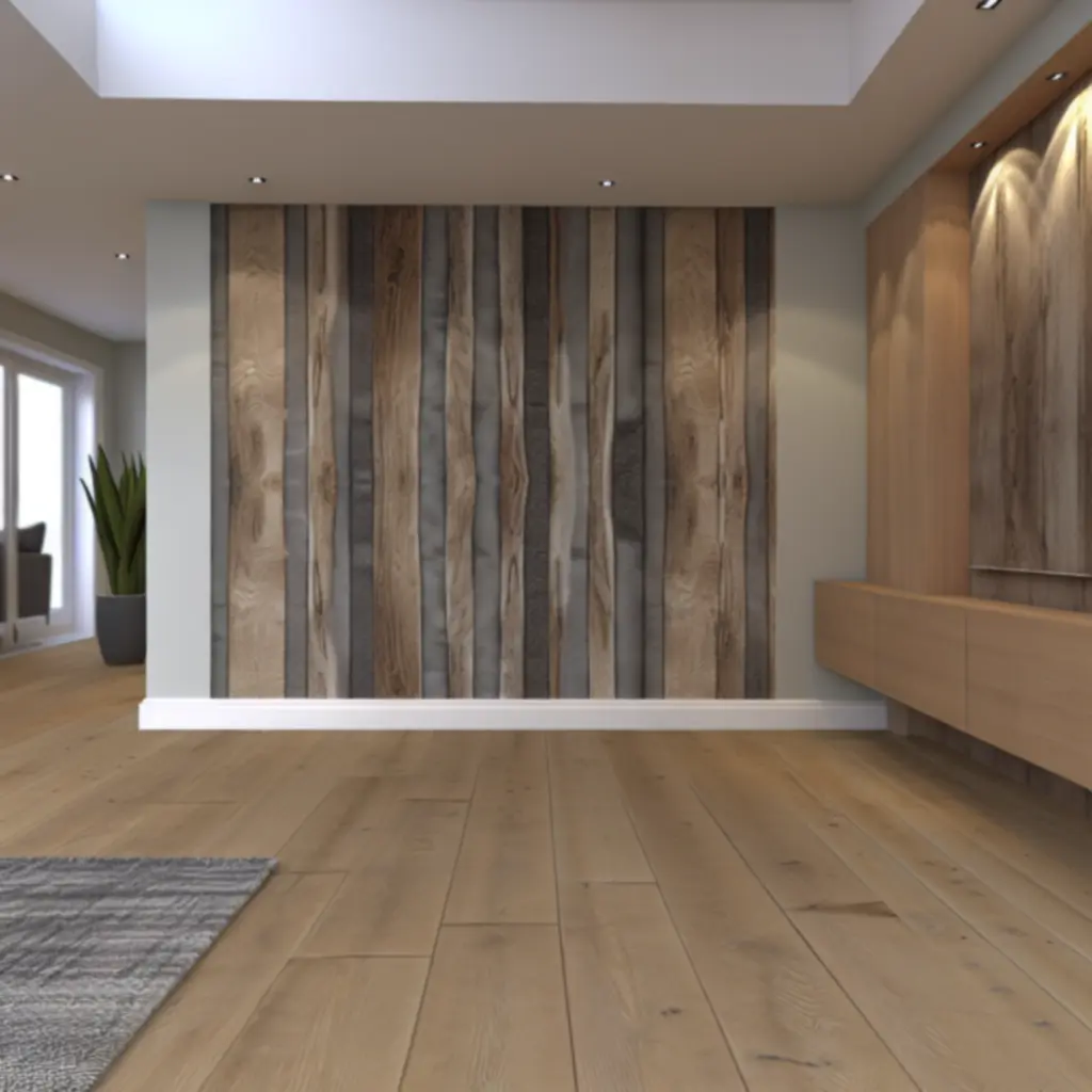 Decorative wall cladding feature wall in a contemporary living room with warm natural textures.